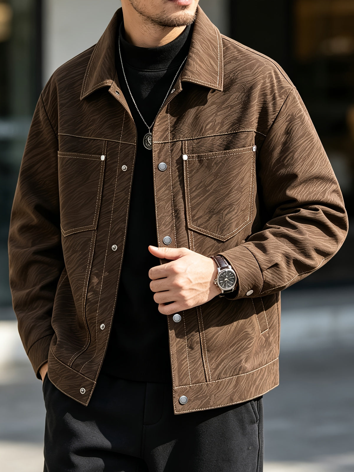 Men'S Minimalist Premium Style Lapel Jacket, Solid Base with Embossed Texture, Versatile And Timeless, Structured Fit Enhances Presence, Smooth Wrinkle-Resistant Fabric for Easy Care, All-Season Wear, Ideal for Dates, Commuting, And Shopping - Coffee Color