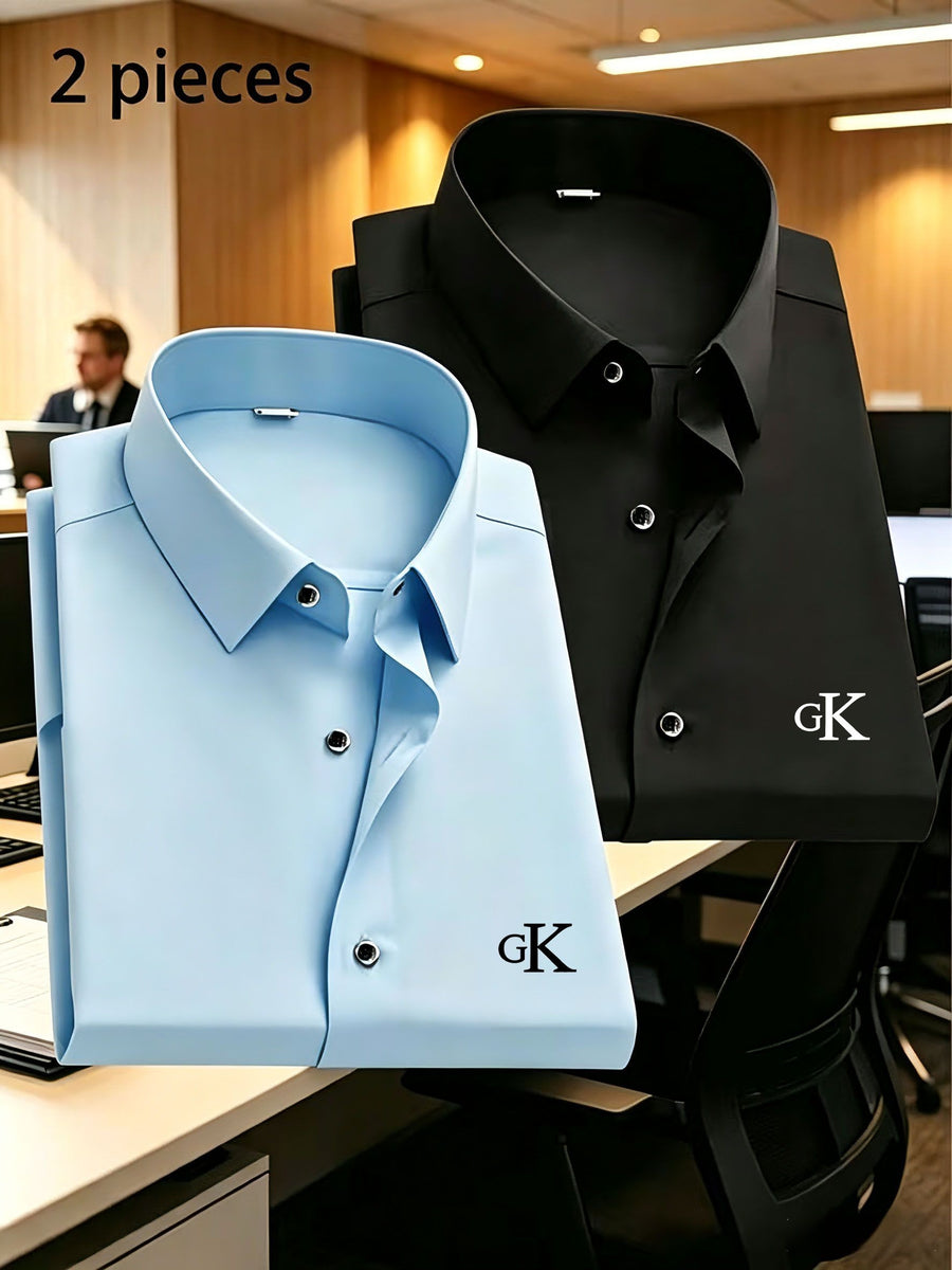 2 Men'S Spring And Autumn Fashion Long-Sleeve Printed Shirts, Casual, Breathable, High-Quality, Anti-Wrinkle Shirts, Suitable for Business And Office Wear - Blue+black