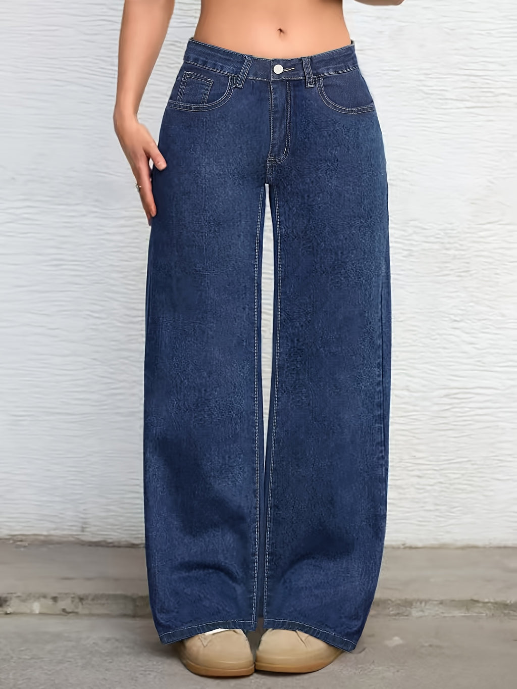 Women'S Low-Rise Straight-Leg Denim Jeans - Deep Blue Casual Pants with Pockets, Stretch Fabric, Loose Fit for All-Season Wear, Versatile for Outings & Home Leisure, Allseason Jeans | Straight Leg Jeans | Comfortable Wear - Deep Blue