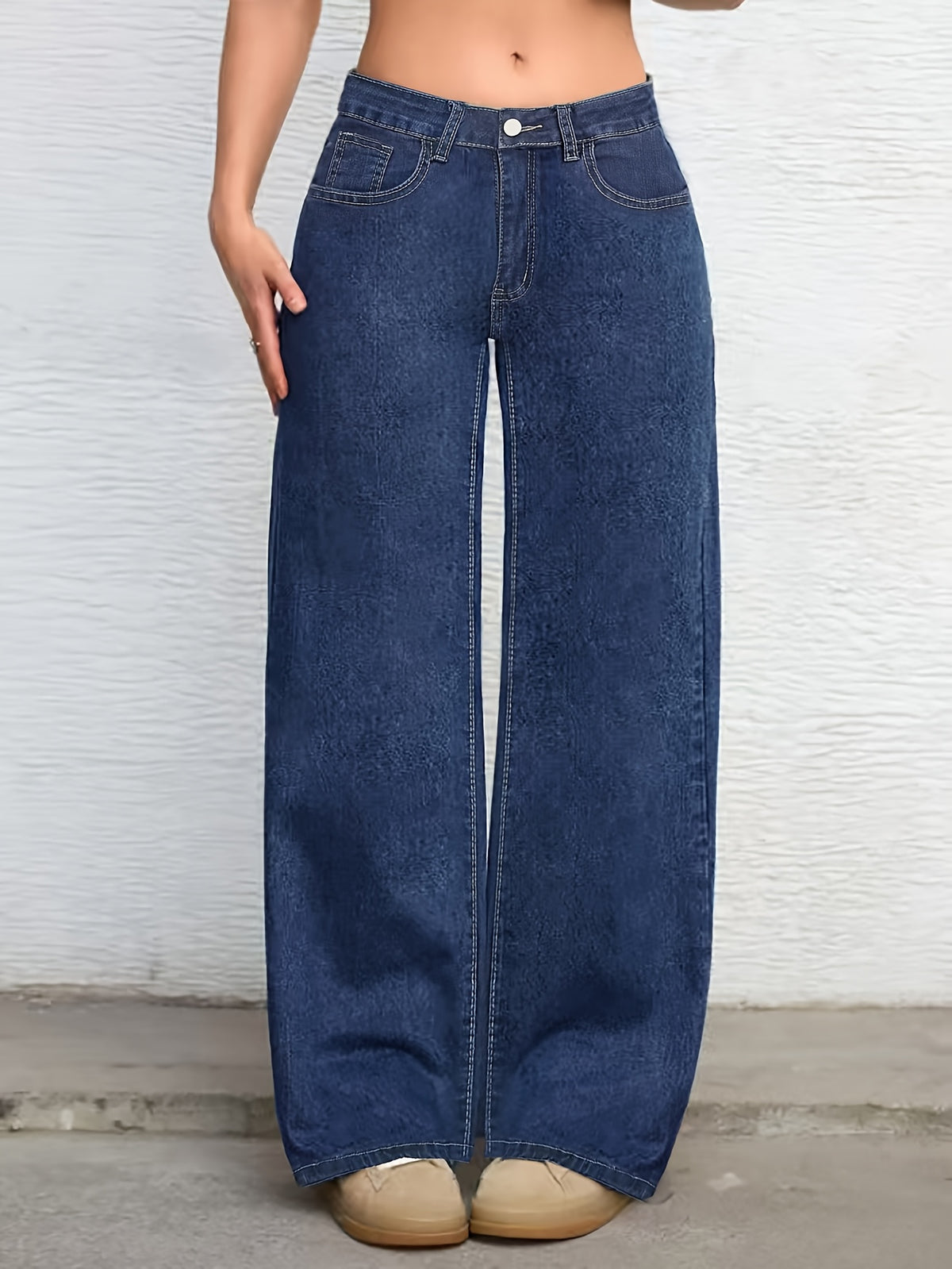 Women'S Low-Rise Straight-Leg Denim Jeans - Deep Blue Casual Pants with Pockets, Stretch Fabric, Loose Fit for All-Season Wear, Versatile for Outings & Home Leisure, Allseason Jeans | Straight Leg Jeans | Comfortable Wear - Deep Blue