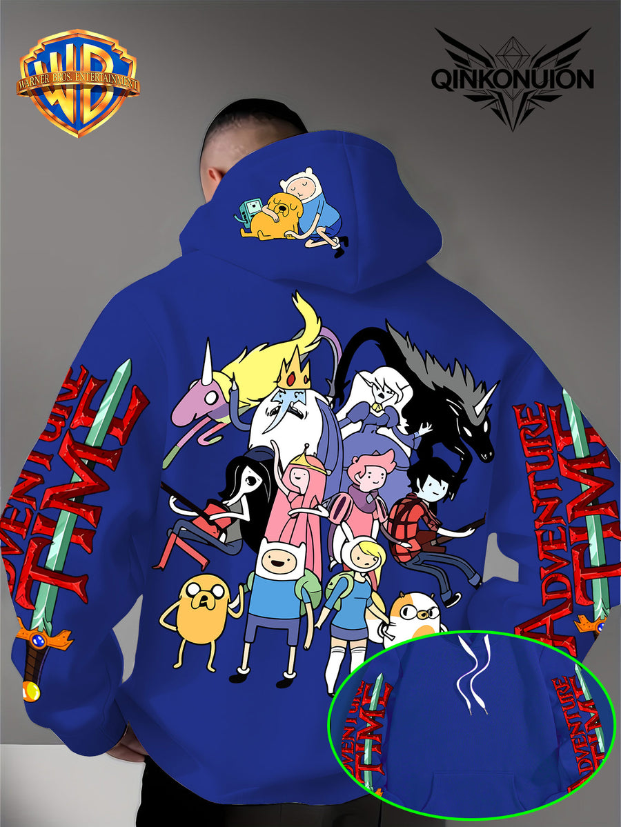 Warner Official Men's Hoodie, Adventure Treasure Full Character Gathering Adventure Print Design, Machine Washable, Warm and Casual for Autumn and Winter, Daily Drawstring Hoodie, Multifunctional Sports and Casual Loose Fit - Blue