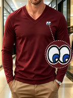 100% Cotton Men's V-Neck Long Sleeve Crewneck T-Shirt, Men's Knitted Sweatshirt, Casual Sport Outdoor Top, New Men's Casual Versatile T-Shirt, Back-to-School Season, Gift for Friends - Wine Red 2