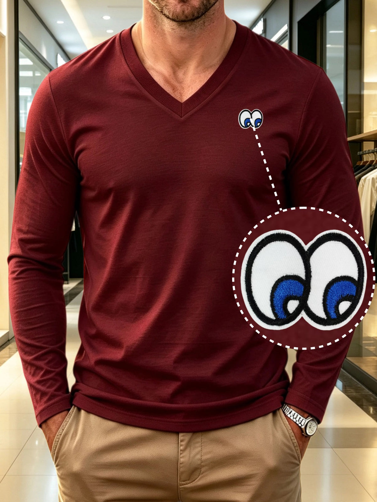 100% Cotton Men's V-Neck Long Sleeve Crewneck T-Shirt, Men's Knitted Sweatshirt, Casual Sport Outdoor Top, New Men's Casual Versatile T-Shirt, Back-to-School Season, Gift for Friends - Wine Red 2