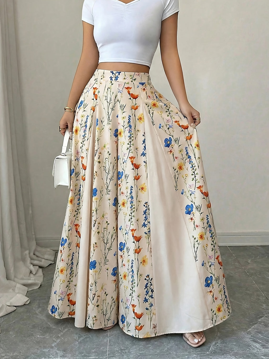 Elegant Printed A-line Skirt-pants for Women, Suitable for Spring and Summer Outings, Vacations, and Commuting - Apricot