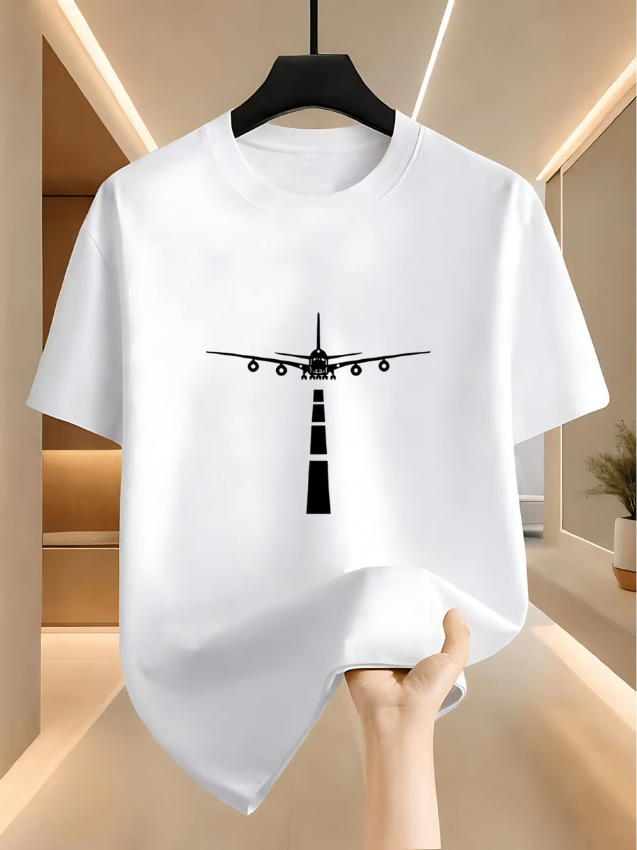 Men's Casual T-Shirt, Featuring a Silhouette Print of an Airplane Runway. The Design Is in Black And White, Evoking a Sense of Heading Towards a Distant Place. It Has a Regular Fit And Is Highly Versatile for Daily Wear - White