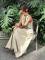 [Size for Regular Fit] Women's Simple Vacation Loose-Fit Comfortable Color-Block Contrast Trim Long Tank Dress - Apricot