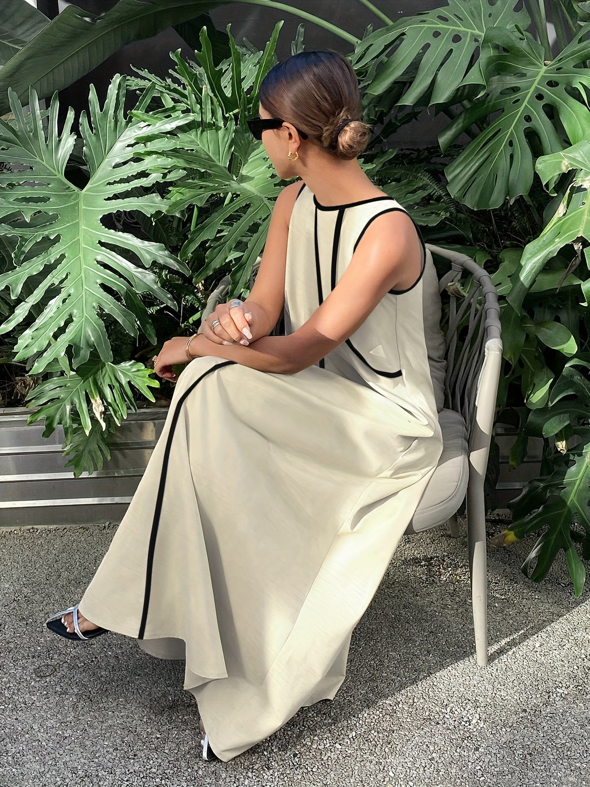 [Size for Regular Fit] Women's Simple Vacation Loose-Fit Comfortable Color-Block Contrast Trim Long Tank Dress - Apricot