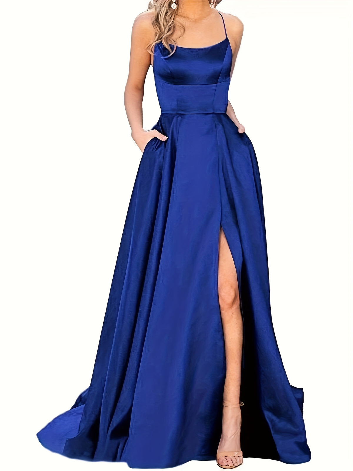 A Solid Color Satin Slip Dress with a Back Tie, Side Pockets, And a High Slit, Perfect for Upscale Banquets And Evening Parties - Blue