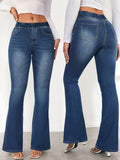 Cross-Border Supply Europe, America And North America Network Red Elastic Casual Jeans Elastic Waist Women'S Flared Pants - Dark Blue
