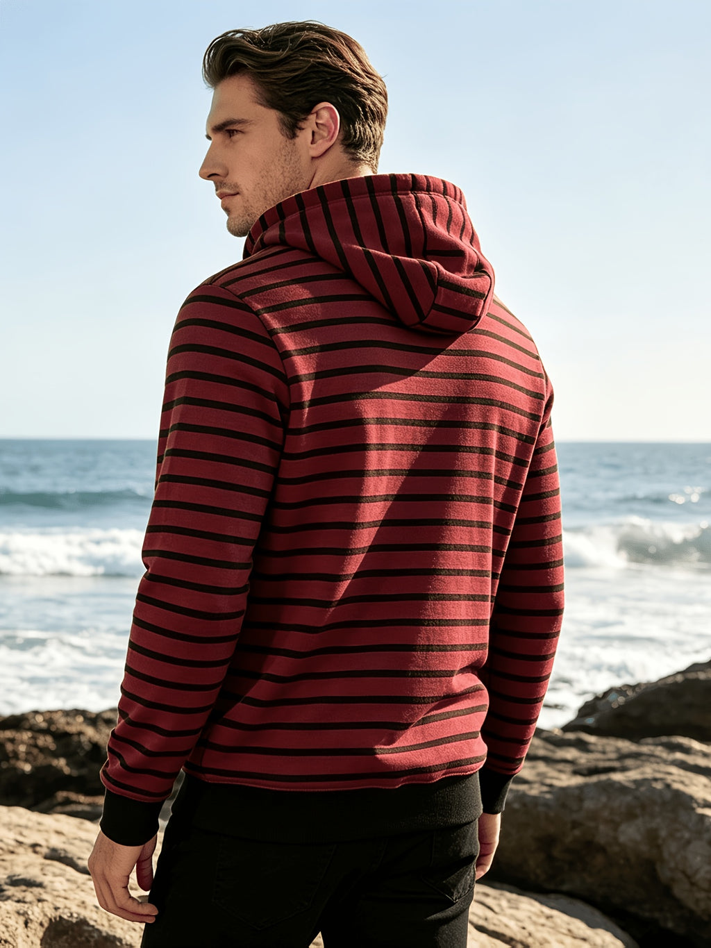 Autumn/Winter 2026 New Arrival Men's Casual Loose Striped Minimalist Trendy Color-Block Henry Hooded Sweatshirt - Red