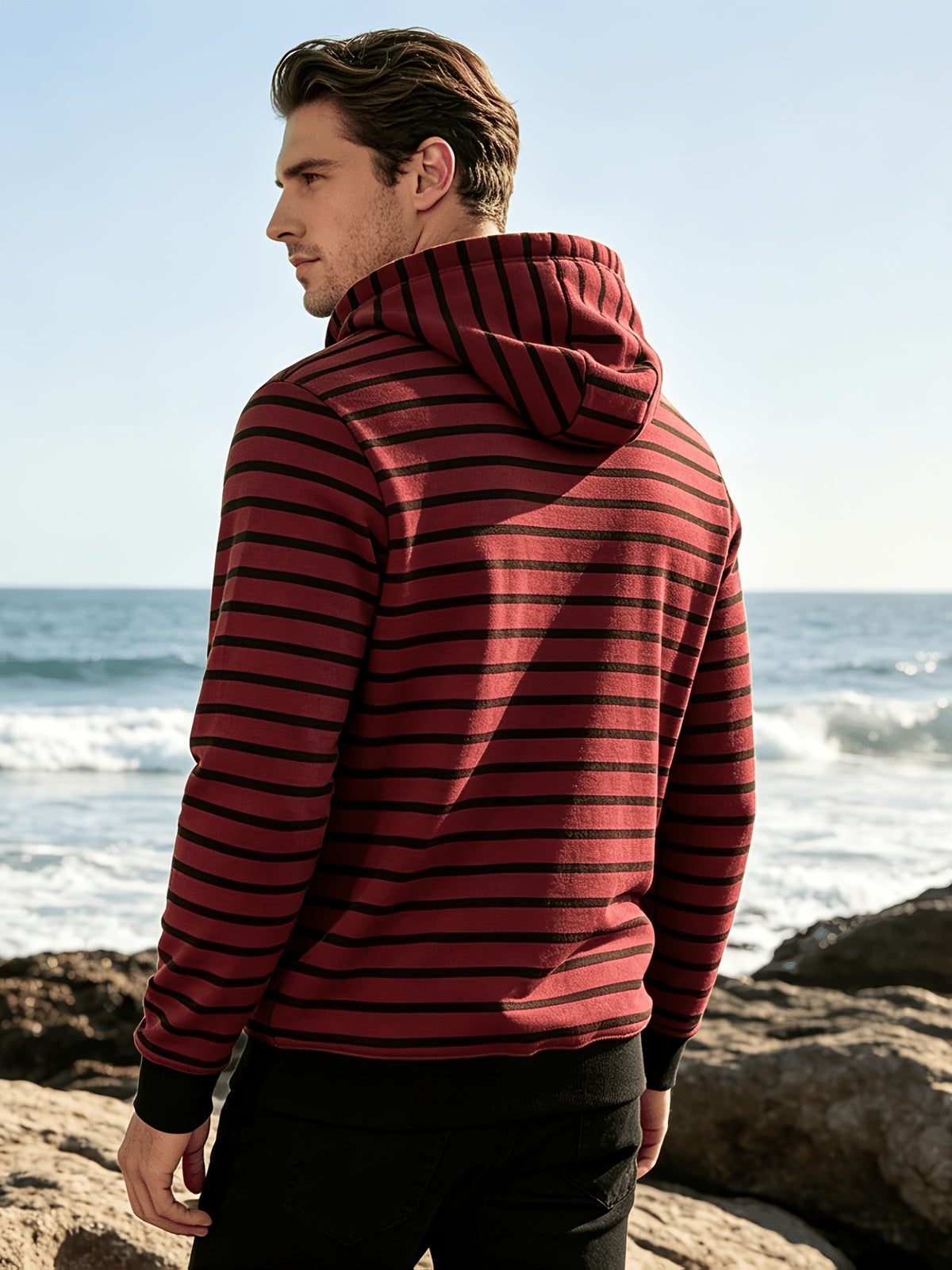 Autumn/Winter 2026 New Arrival Men's Casual Loose Striped Minimalist Trendy Color-Block Henry Hooded Sweatshirt - Red