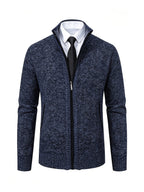 Men's Stand Collar Zip Up Knitted Cardigan Jacket, Casual Business Long Sleeve Sweater Coat with Pockets, Fall Winter Thick Warm Knit Outerwear for Men - Navy Color