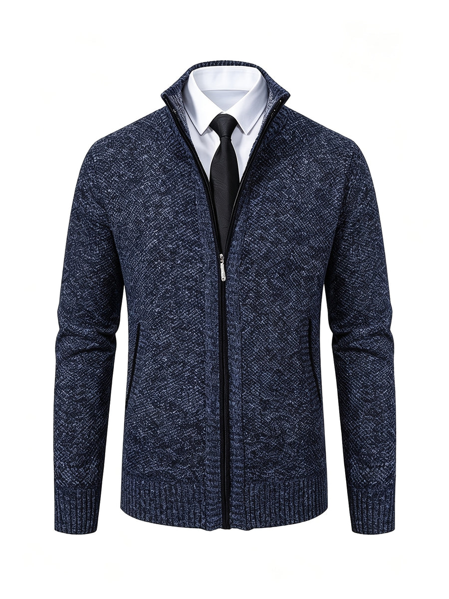 Men's Stand Collar Zip Up Knitted Cardigan Jacket, Casual Business Long Sleeve Sweater Coat with Pockets, Fall Winter Thick Warm Knit Outerwear for Men - Navy Color