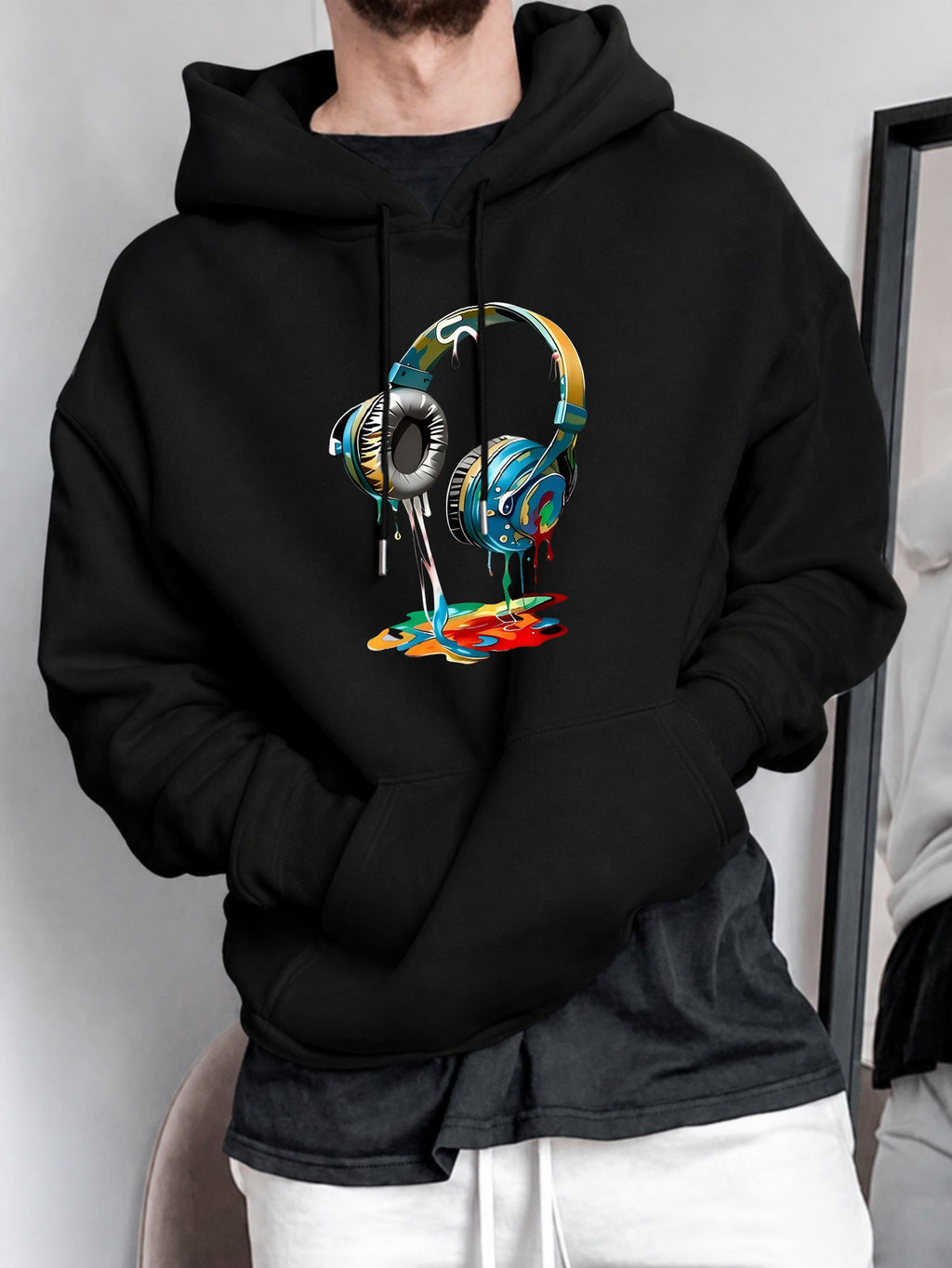 Men's Hoodie, Music Festival, Colorful Dripping Headphones Graphic, Pullover Sweatshirt, Streetwear Style, Casual Daily Wear Fall Winter, Front Print Design with Kangaroo Pocket And Drawstring Hood - Black