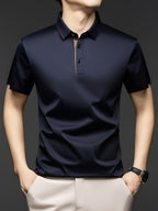 [Shule Water OBM] Summer New Men'S Casual T-Shirt Polo Shirt Mid-Age Solid Color Lapel Short Sleeve Seamless T-Shirt - Navy Color