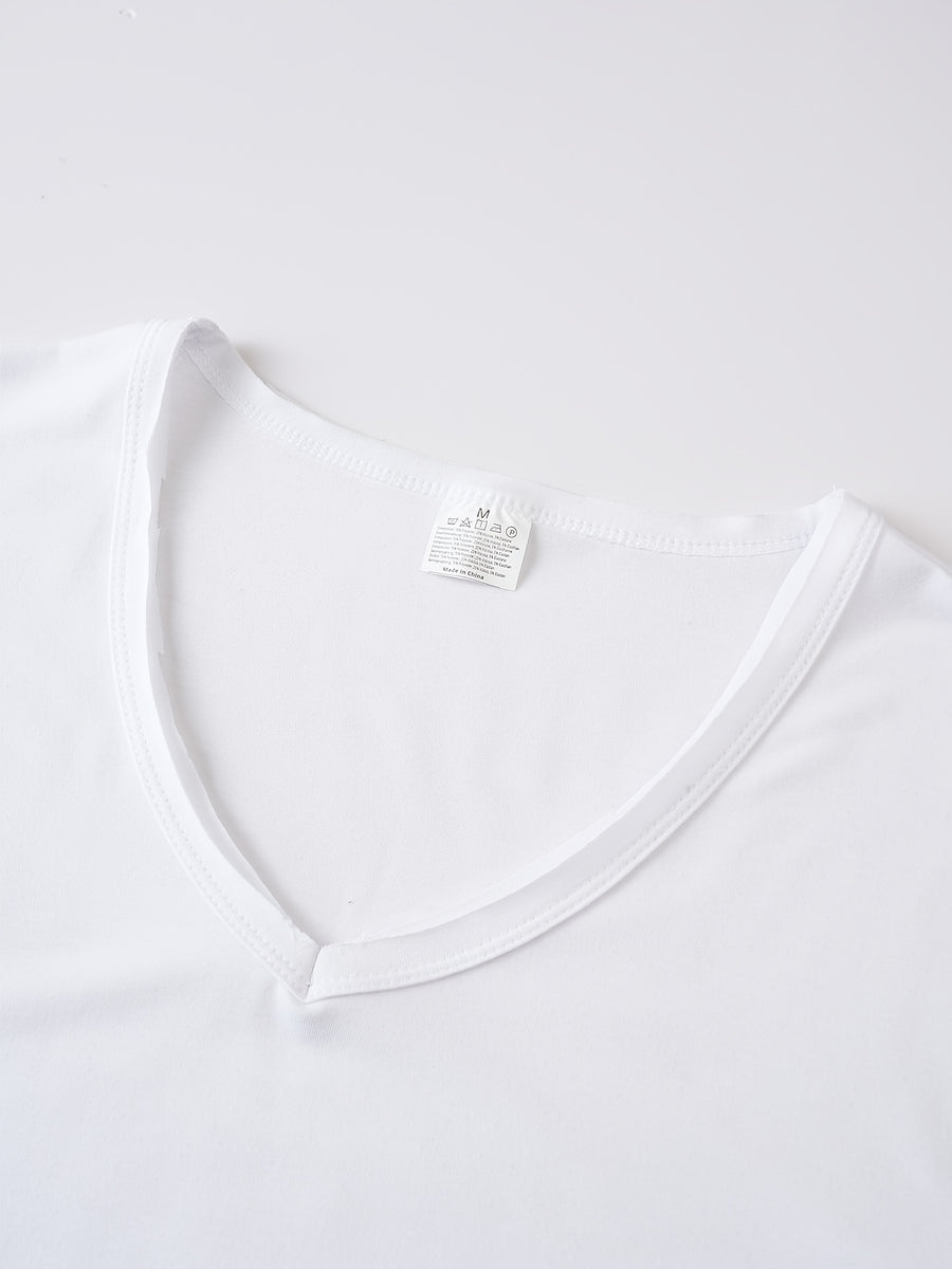 Men'S Basic V-Neck Short Sleeve High-Stretch Slight-Stretch Men'S T-Shirt 190G Regular Fit Commuter Base Layer Versatile Basic Style - White