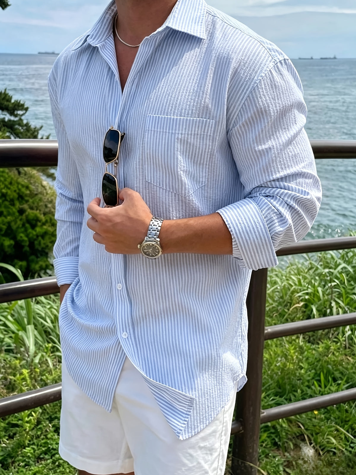 Men's Seersucker Striped Casual Shirt, Spring/Autumn Long Sleeve Notched Lapel Button- Shirt, Men's Fashion Apparel Top, Suitable for Outdoor Vacation Men's Wear - Blue