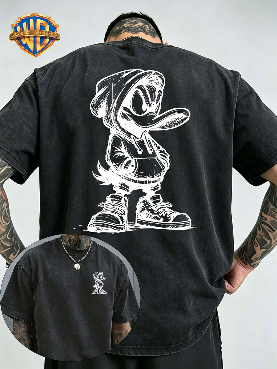 Warner Bros Official Hand-Drawn Cartoon Print Washed T-Shirt, Men's 100% Pure Cotton Fabric, Casual and Comfortable Style, Loose Fit Breathable Short Sleeve Men's Casual Top, Distressed Washed Loose Fit - Black