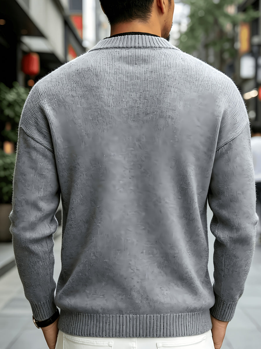 Men's New Spring/Autumn Solid Color Long-Sleeve Knit Cardigan with Contrast Color Stand Collar and Single-Breasted Buttons, Urban Street Style Casual Textured Top, Versatile Commuter Wear for Mature Young Men - Light Grey