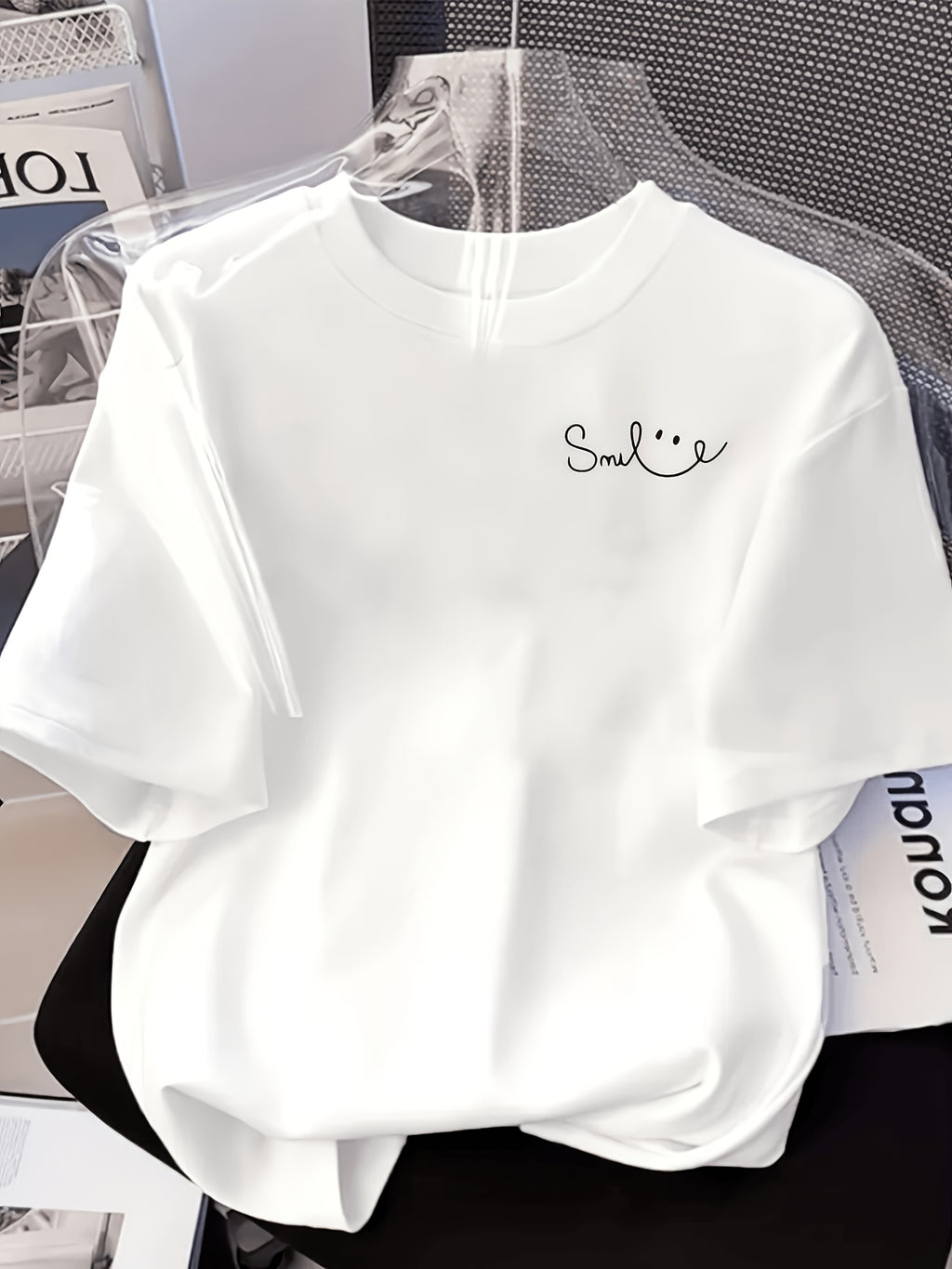 Gentle and Minimalist Style "Smile" Letter Pattern T-Shirt, White Loose Short Sleeve, New Versatile Summer Top--Quan Quan - White