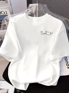 Gentle and Minimalist Style "Smile" Letter Pattern T-Shirt, White Loose Short Sleeve, New Versatile Summer Top--Quan Quan - White