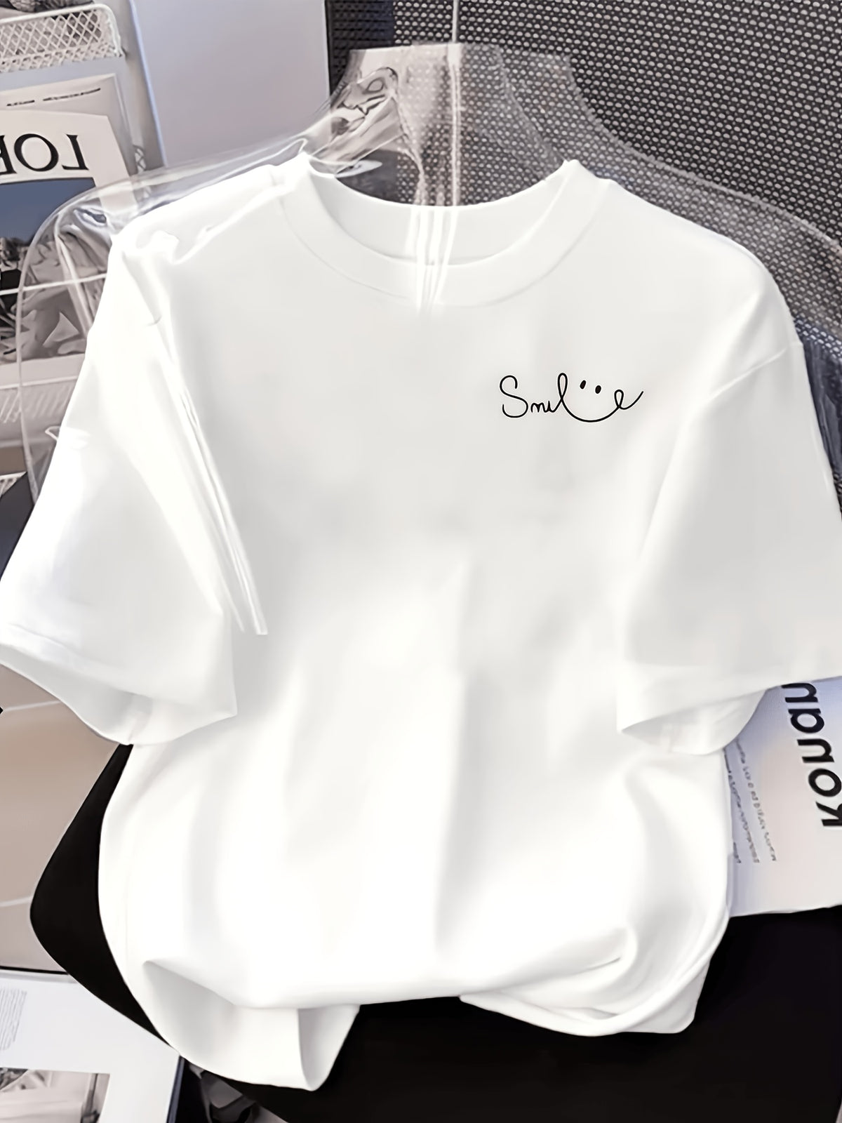 Gentle and Minimalist Style "Smile" Letter Pattern T-Shirt, White Loose Short Sleeve, New Versatile Summer Top--Quan Quan - White