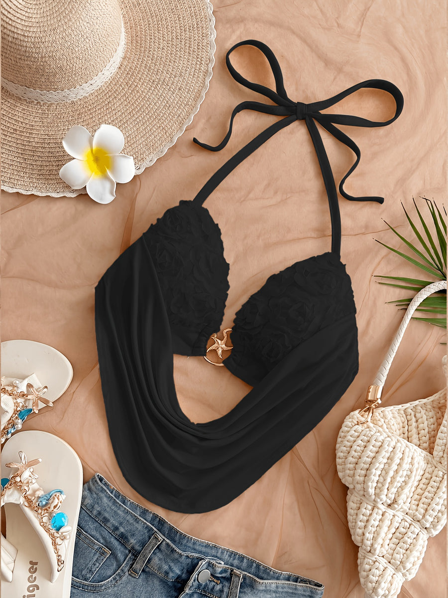 New Summer Y2K Spicy Solid Color Three-Dimensional Floral Print Halter Neck Tube Top, Vacation Style Backless Design Statement Outerwear Spicy Crop Top - Black