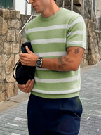 New Summer Fashion Trend: Stylish, Versatile, and Comfortable Men's Knitted Pullover. Casual Business Style Striped Contrast Color Crew Neck Men's Knitted Short Sleeve. Suitable for Work, School, Vacation, and Commuting Outfits - Matcha Color