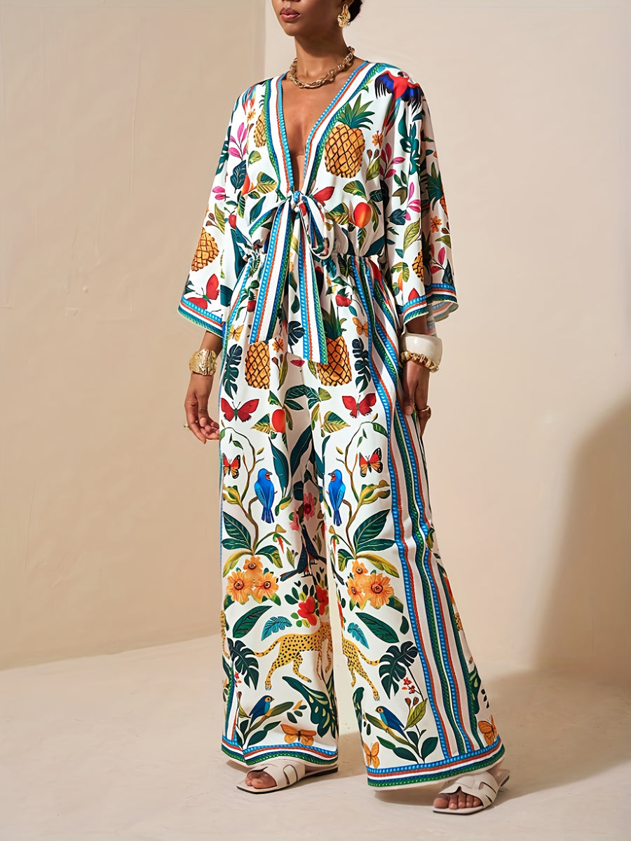 Spring/Summer New Tropical Island Vacation Style Jumpsuit Women'S Deep V Tie Waist Pineapple Flower Bird Leopard Print Loose Wide Leg Casual Wear - Multicolor
