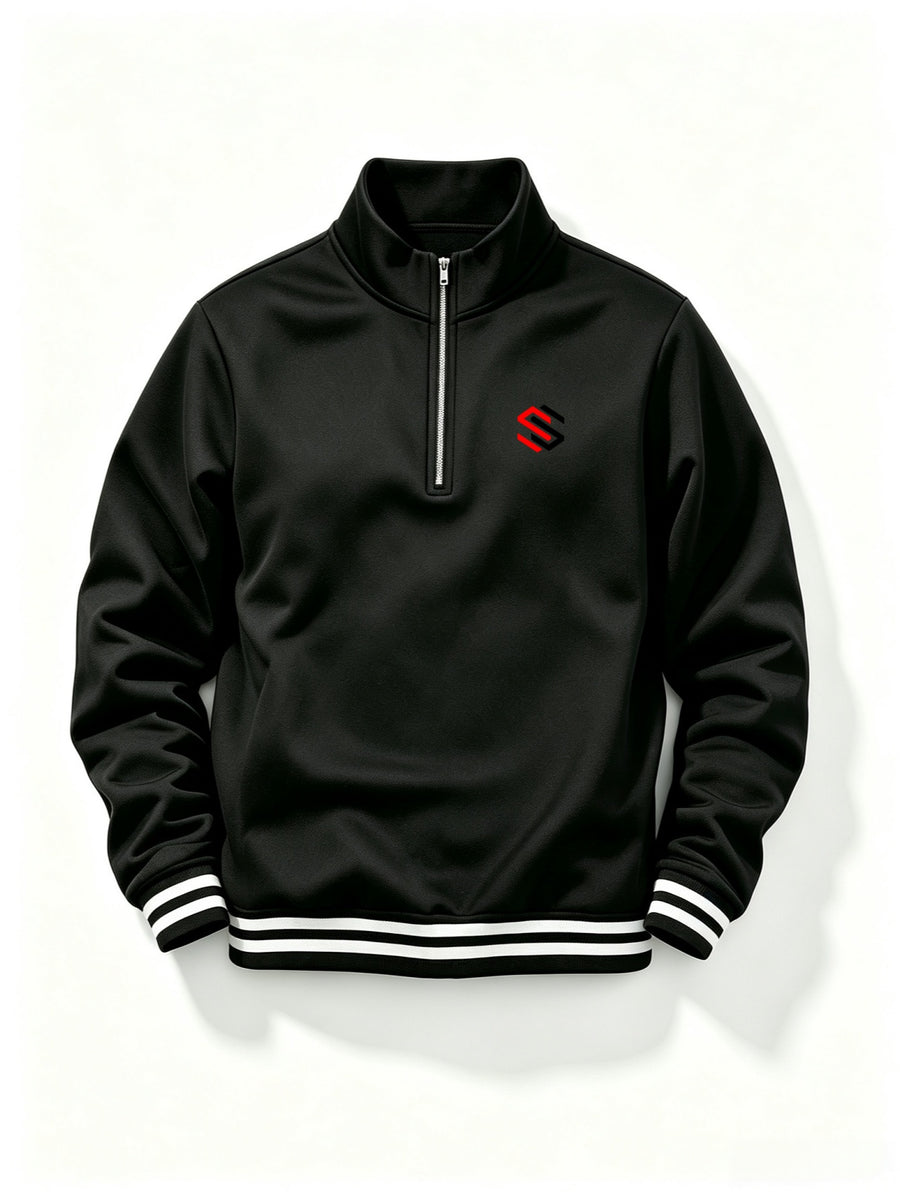Men'S Half-Open Collar Mid-High Neck Sweatshirt, Contrast Geometric S Logo Print Striped Ribbed Hem Loose Athletic Pullover Top, Suitable for Commute And Casual Wear - Black