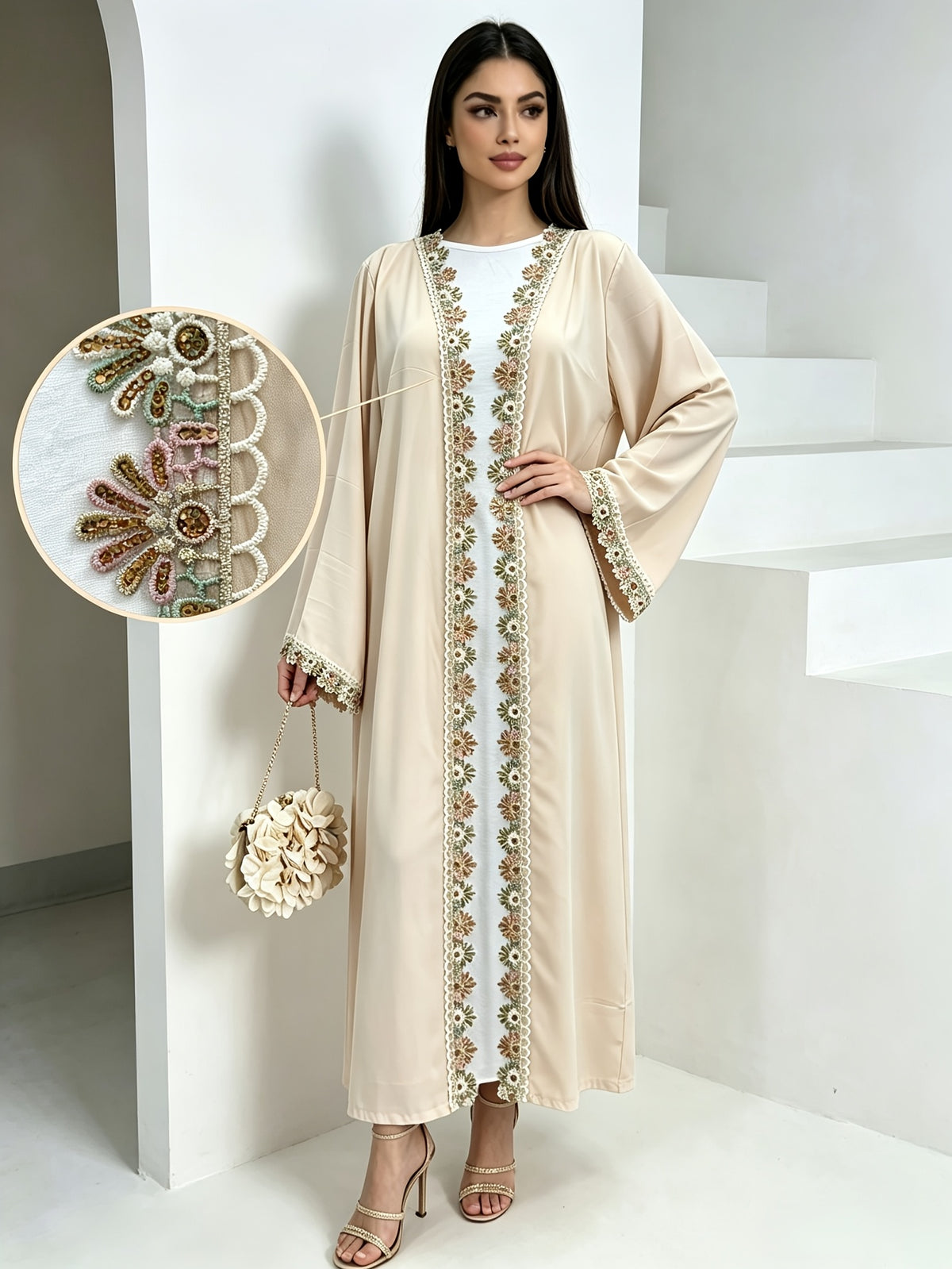 1pc Women's Elegant Modest Abaya Robe - Open Front Islamic Dress with Rhinestone Trim, Wide Flare Maxi Outerwear Suitable for Muslim Dress, Hajj, Ramadan, Dubai Arabic Robe Coat - Apricot