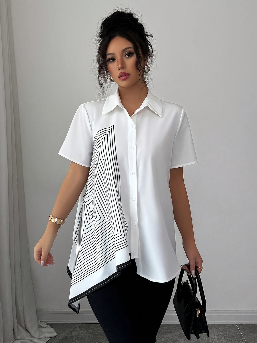 Elegant Collar Geometric Black and White Line Print Asymmetrical Hem Open Front Versatile Commuter Short Sleeve Shirt for Spring, Summer, and Fall, Suitable for Outings and Dates - Multicolor