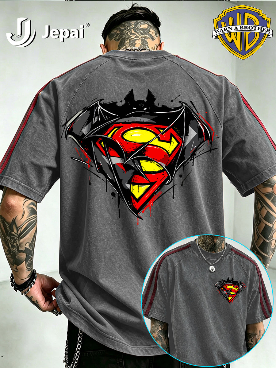 Official Warner Bros. Product, Hip-hop High Street DC Superman Batman Logo Print Stripe T-shirt, Loose Drop-shoulder Style Casual Summer Top, Machine Washable, Suitable for Daily Wear and Themed Events - Grey