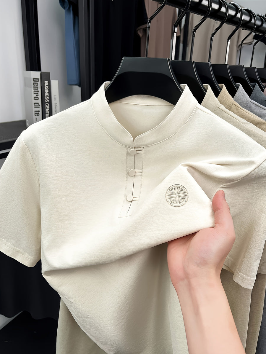 Men's Chinese Mandarin Button-Up Stand Collar T-Shirt - Breathable Loose Fit Short Sleeve Round Neck Top with Mandarin Collar, Suitable for Casual Wear, Traditional Chinese Style Button Collar Shirt - Dark Gray