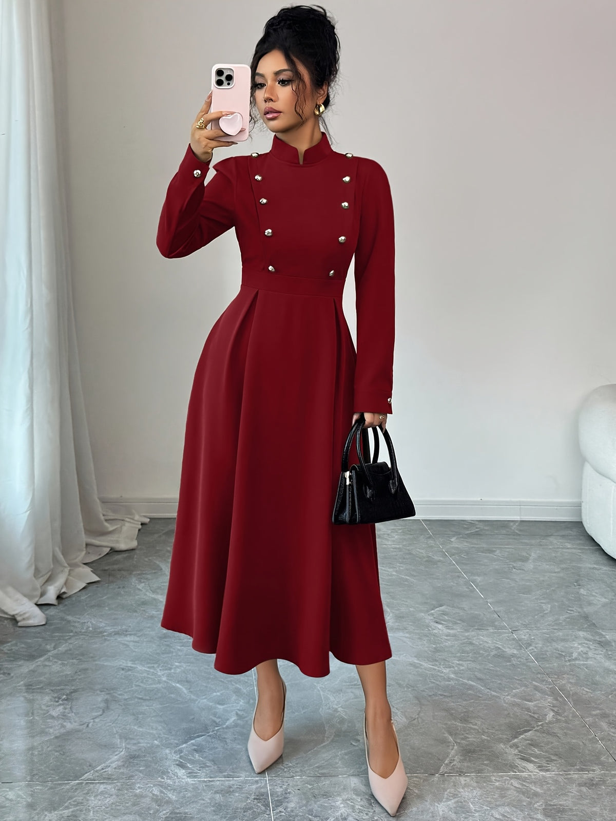 Women's Spring and Autumn Elegant Commuter Fashion Double-Breasted Decorative Long Sleeve Waist-Cinching Long Dress - Burgundy