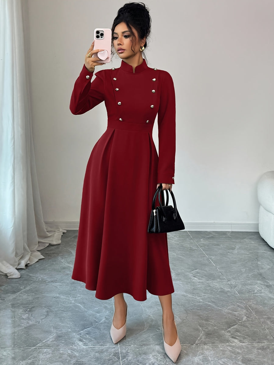 Women's Spring and Autumn Elegant Commuter Fashion Double-Breasted Decorative Long Sleeve Waist-Cinching Long Dress - Burgundy
