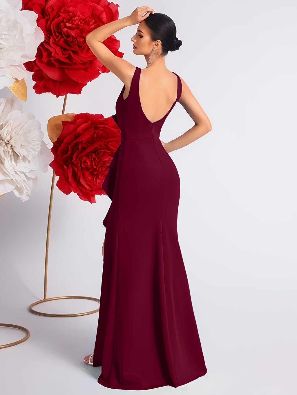 2025 Solid Color High Waist Pleated Ruffle Trim Slit Backless Prom Party Evening Gown Dress - Burgundy