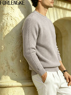 FORLENGKE Men'S Crew Neck Knitted Pullover with Vertical Cable Texture, Perfect for Solo Wear in Autumn And Winter to Show Texture Or Layered for a Stylish Look, Suitable for Shopping, Going Out, Parties, And Various Daily Occasions - Light Purple