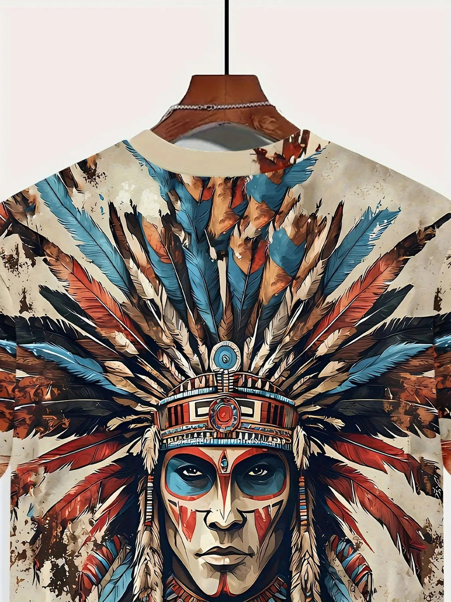 Printed Design – Not Textured Men's Indigenous Chief Print T-Shirt - Tribal Headdress and Feather Design, Vibrant Colors, Polyester Fabric, Comfortable Casual Wear, Suitable for Cultural Events and Leisure Occasions - Men's Ethnic Style T-Shirt - Cream Color
