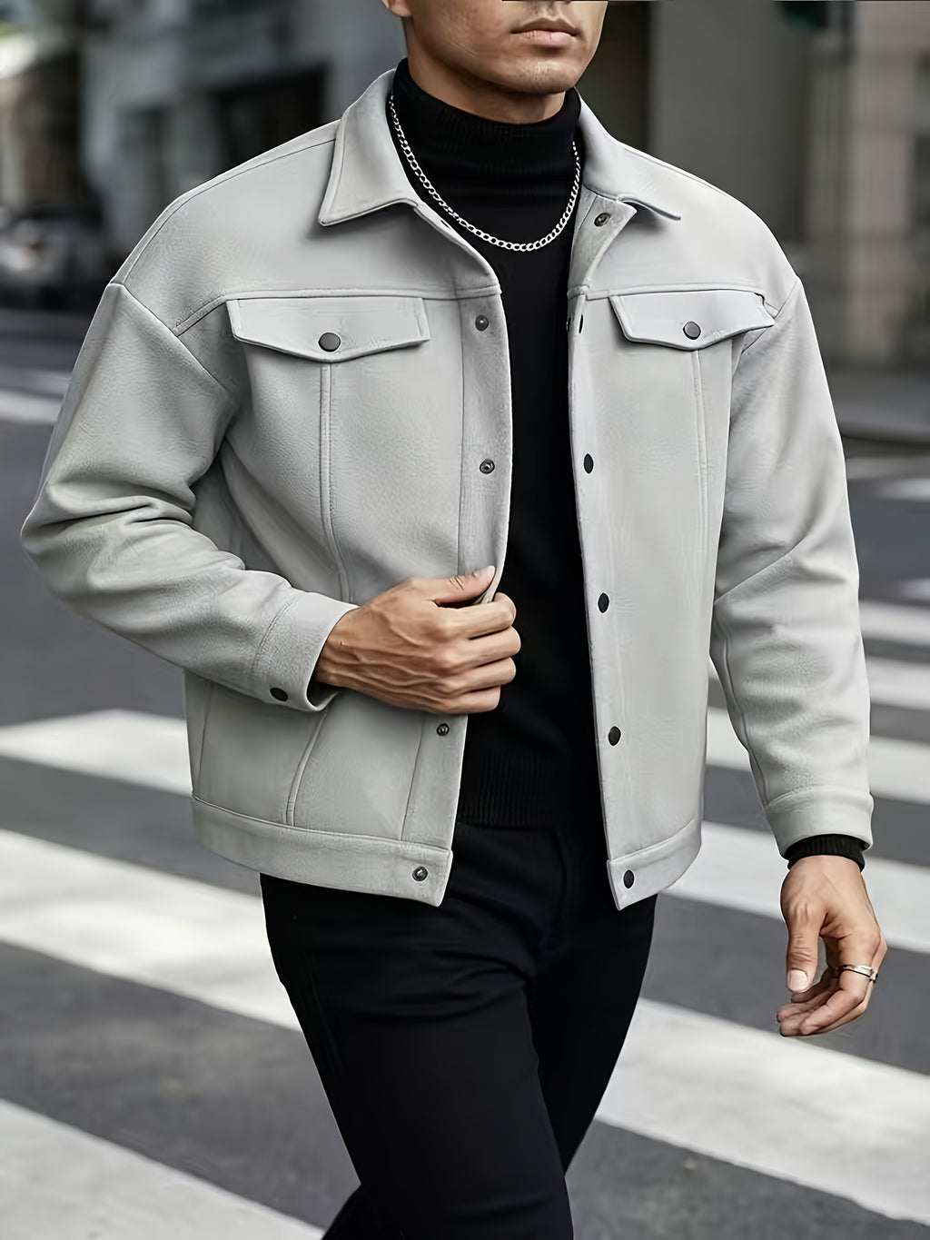 Autumn Winter Men'S Short Jacket Loose Lapel Cargo Coat Youth Solid Color All-Match Casual Top - Light Grey