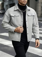 Autumn Winter Men'S Short Jacket Loose Lapel Cargo Coat Youth Solid Color All-Match Casual Top - Light Grey