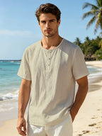 Men'S Summer Short-Sleeve T-Shirt Set, 2Pcss Beach Casual Breathable Top, Easy Design for Pool Parties And Beach Vacations, Ideal Gift for Beachwear, Daily Casual Relaxed (2Pcss Set) - Khaki+White