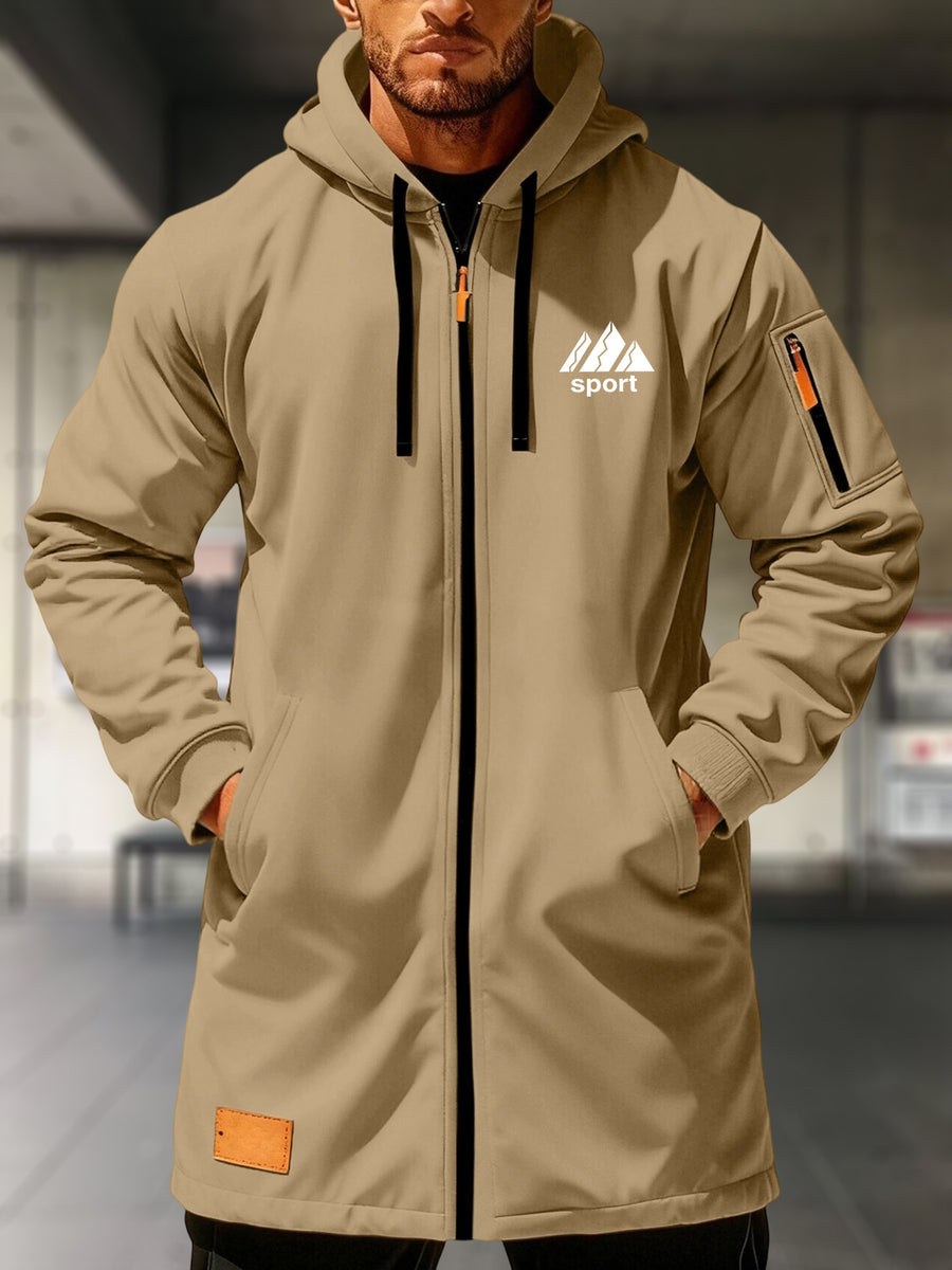 Men's Full-Zip Hooded Jacket with Mountain Print & Arm Zipper Pocket - Oversized Loose Fit Winter Coat, Hooded Streetwear Outerwear Suitable for, Urban Style, Machine Washable Warm Jacket - Khaki