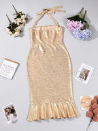 Summer Women'S New Elegant Fashion Tie-Design Flared Hem Pleated Ruffle Dress, Suitable for Parties, Evening Gowns, And Wedding Bridesmaids - Golden