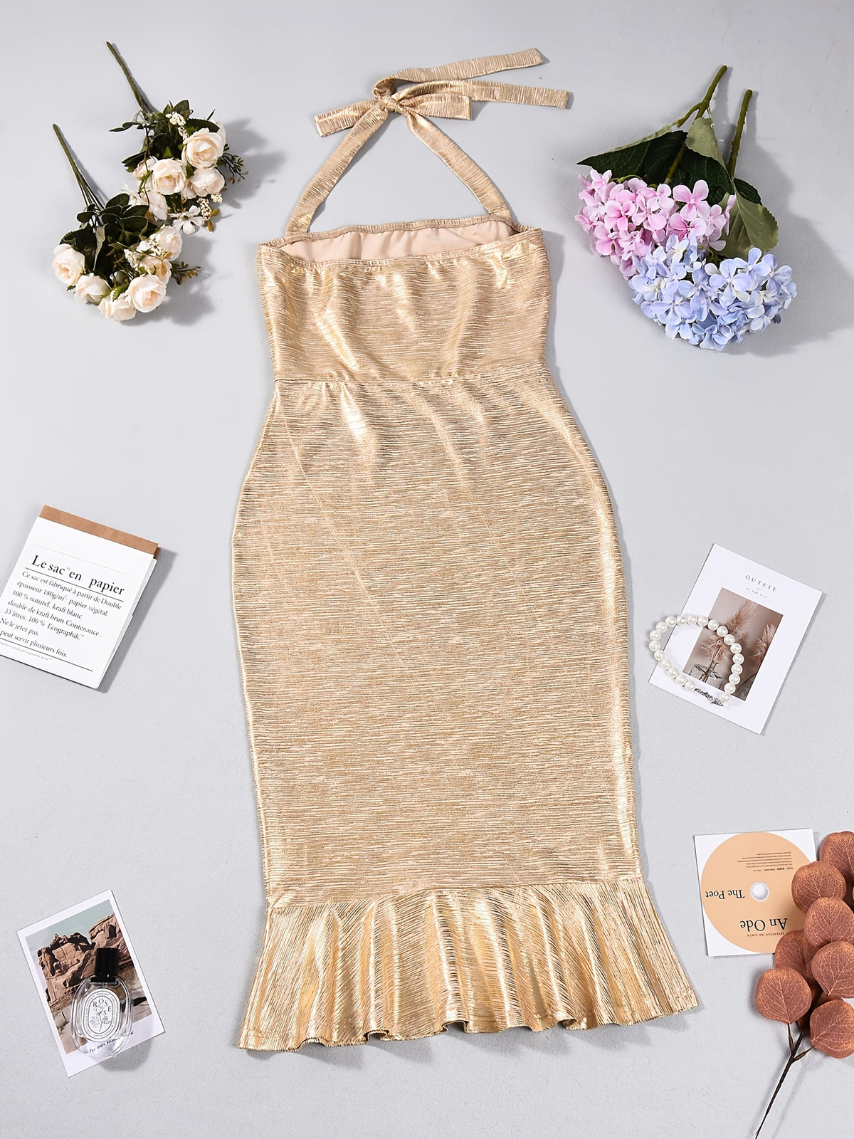 Summer Women'S New Elegant Fashion Tie-Design Flared Hem Pleated Ruffle Dress, Suitable for Parties, Evening Gowns, And Wedding Bridesmaids - Golden