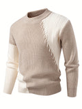 New Autumn-Winter Round Neck Men's Sweater, Fashion Casual Trendy Patchwork Knitwear, Warm Thick Stylish Loose Top - Beige