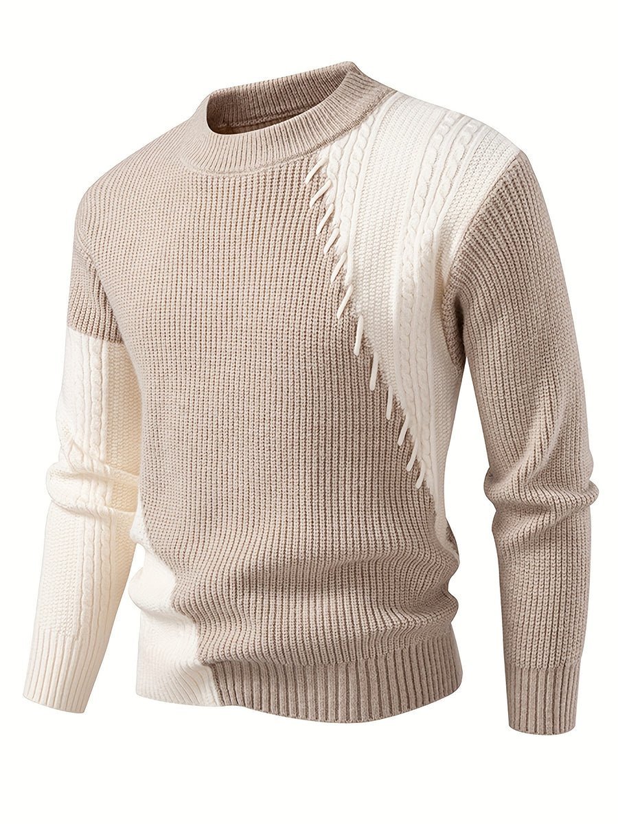 New Autumn-Winter Round Neck Men's Sweater, Fashion Casual Trendy Patchwork Knitwear, Warm Thick Stylish Loose Top - Beige