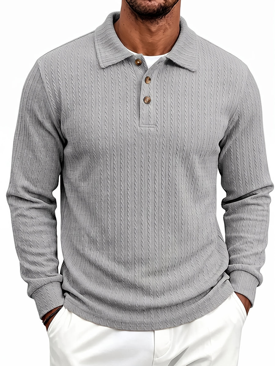 New Autumn Winter Men'S Fashion Casual Outdoor Jacquard Lapel Button-Up Long Sleeve Henley Shirt, Boyfriend Birthday Gift - Light Grey