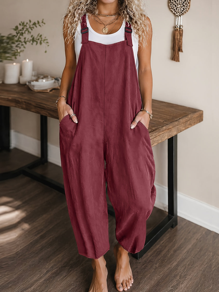 Women's Casual Vacation Loose Solid Color Overalls Jumpsuit - Burgundy