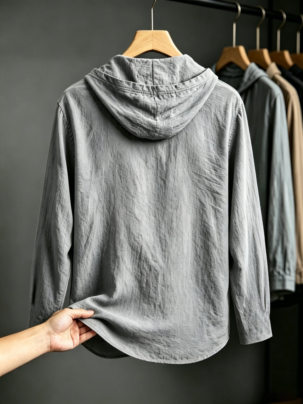 2pcs Men'S Linen-Like Hooded Henley Long Sleeve Sweatshirt Set, Breathable Thin Solid Color Half-Open Placket Casual Pullover Henley Shirt, Soft Comfortable Textured Fabric Fresh And Non-Stuffy, Loose Slimming Versatile Fit - 2pcs【Grey+Black】